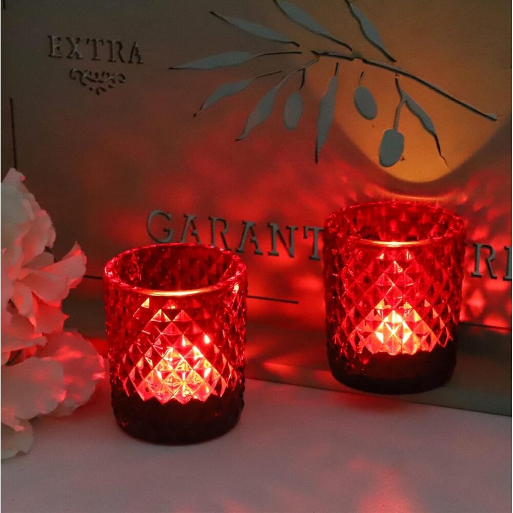 Red Votive Candle Holders Bulk Set of 12, Glass Tea Lights Candle Holder for Wed - Picture 9 of 9
